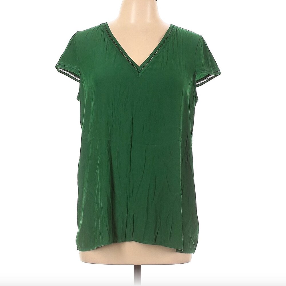 Green Lola & Sophie Size L Short sleeve Green v neck Blouse with cap sleeve